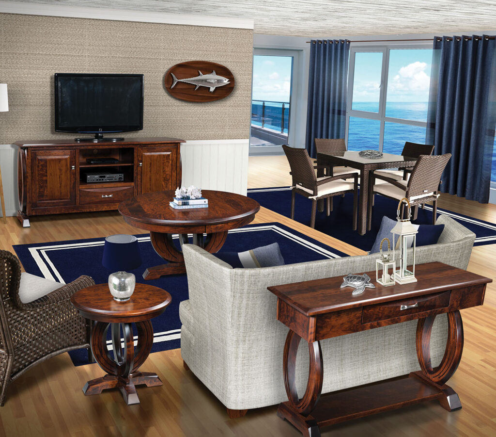 Amish Colonial furniture—elegant living room with curved-leg tables, media console, and coastal dining