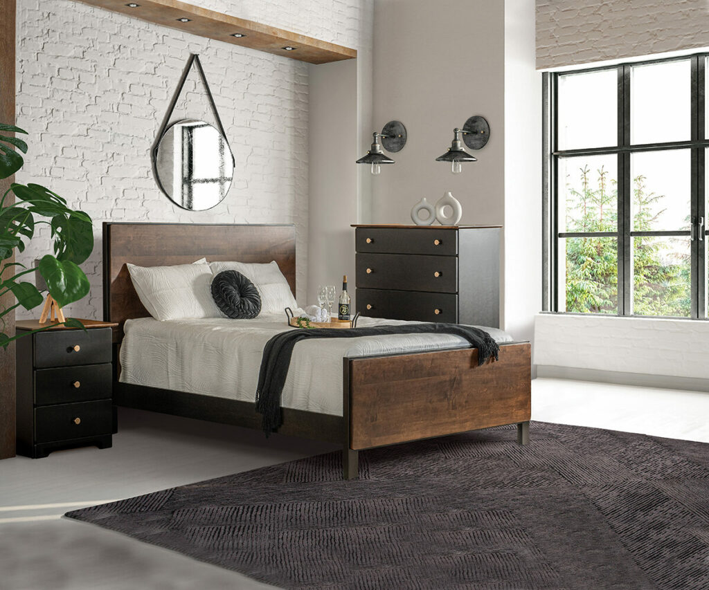 Amish bedroom furniture Tennessee—modern farmhouse bed, black dresser and nightstand.