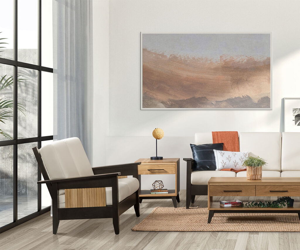 Appalachian mountain home furniture—minimal living room with solid-wood tables and white seating.