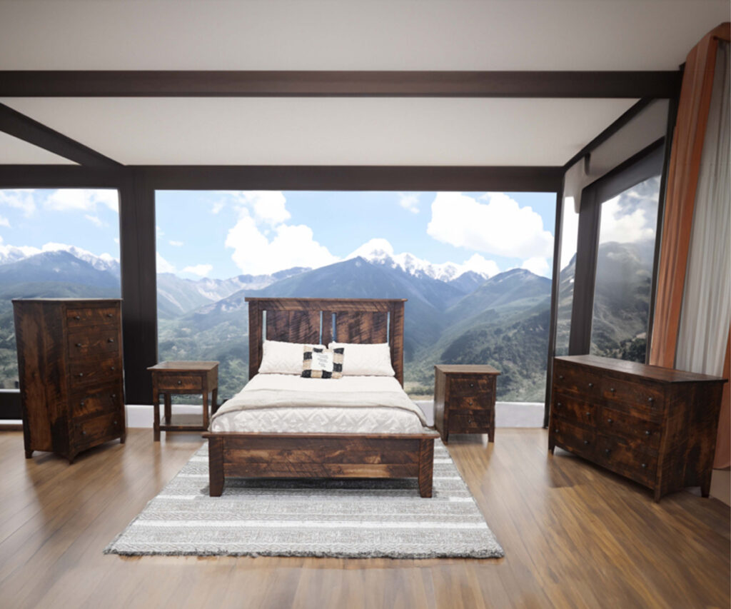 Amish furniture for mountain lodges—rustic bedroom set with panoramic mountain view.