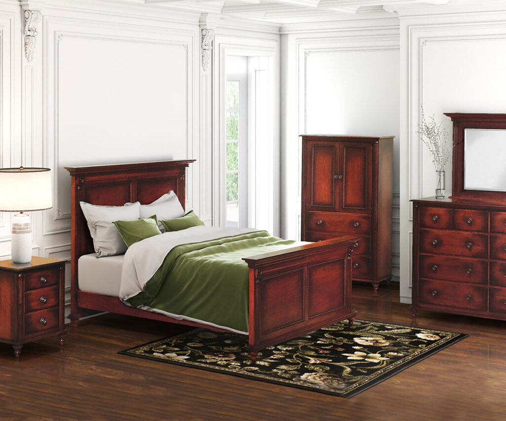 Amish furniture for Colonial Revival homes—red-stained bedroom set with bed, dresser, armoire.