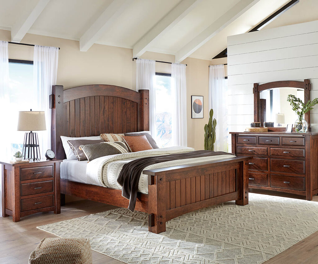 Solid-wood Amish bedroom furniture Tennessee—Craftsman arch bed and dresser.
