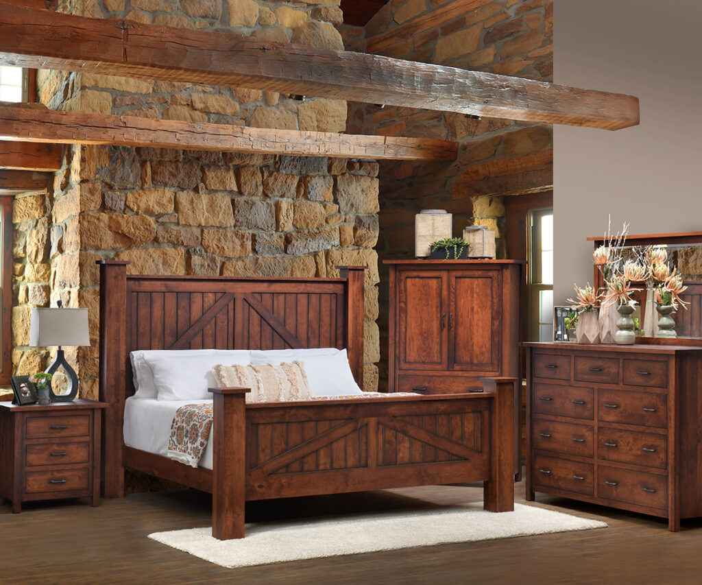 Amish furniture for Appalachian homes—rustic bedroom with mission bed, dresser, and stone walls.