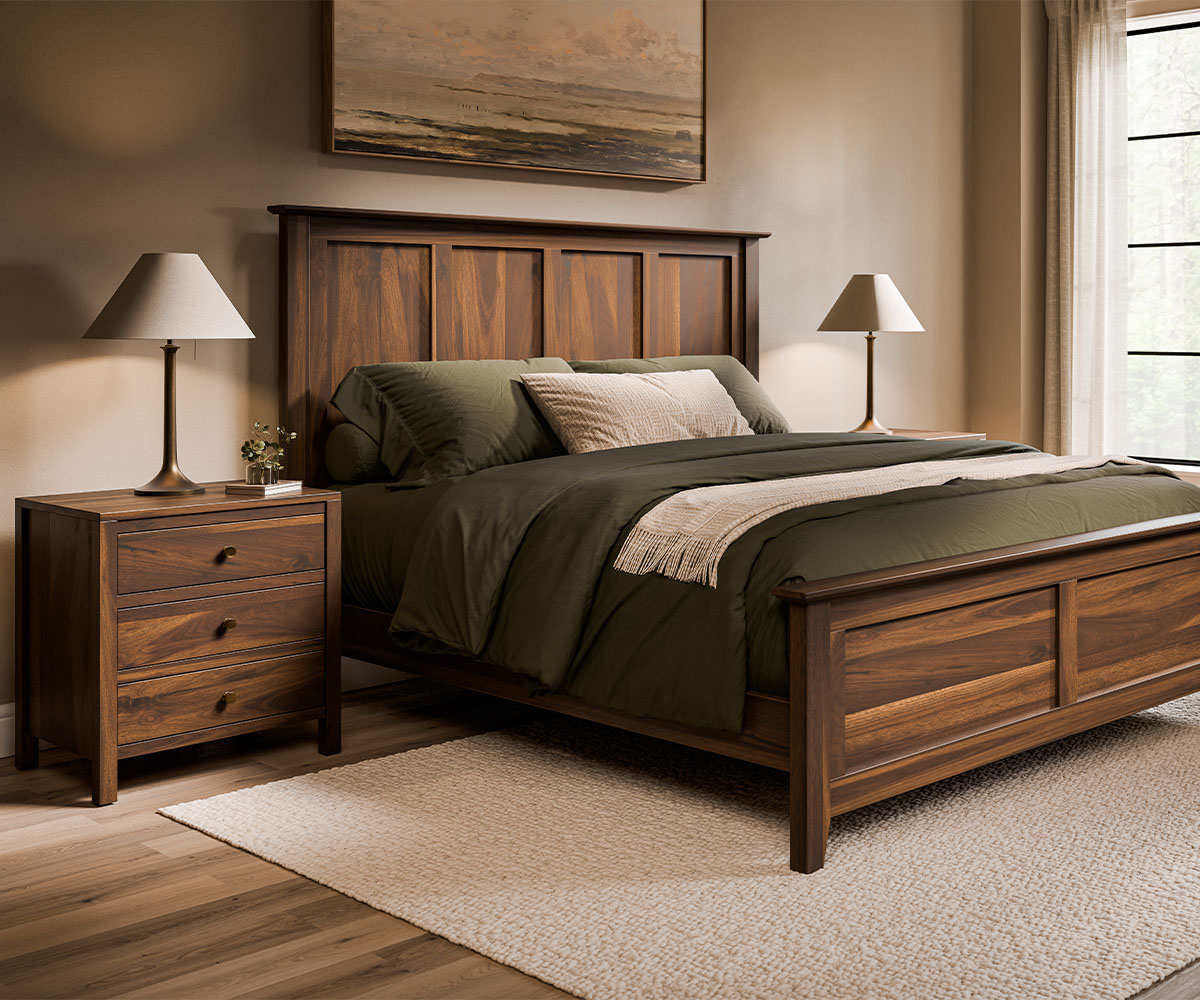 Amish solid wood bed and nightstand in warm, modern bedroom.