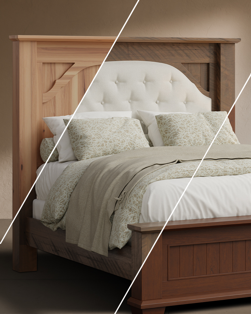 Amish Furniture in Greeneville customization steps beside solid wood bed photo.