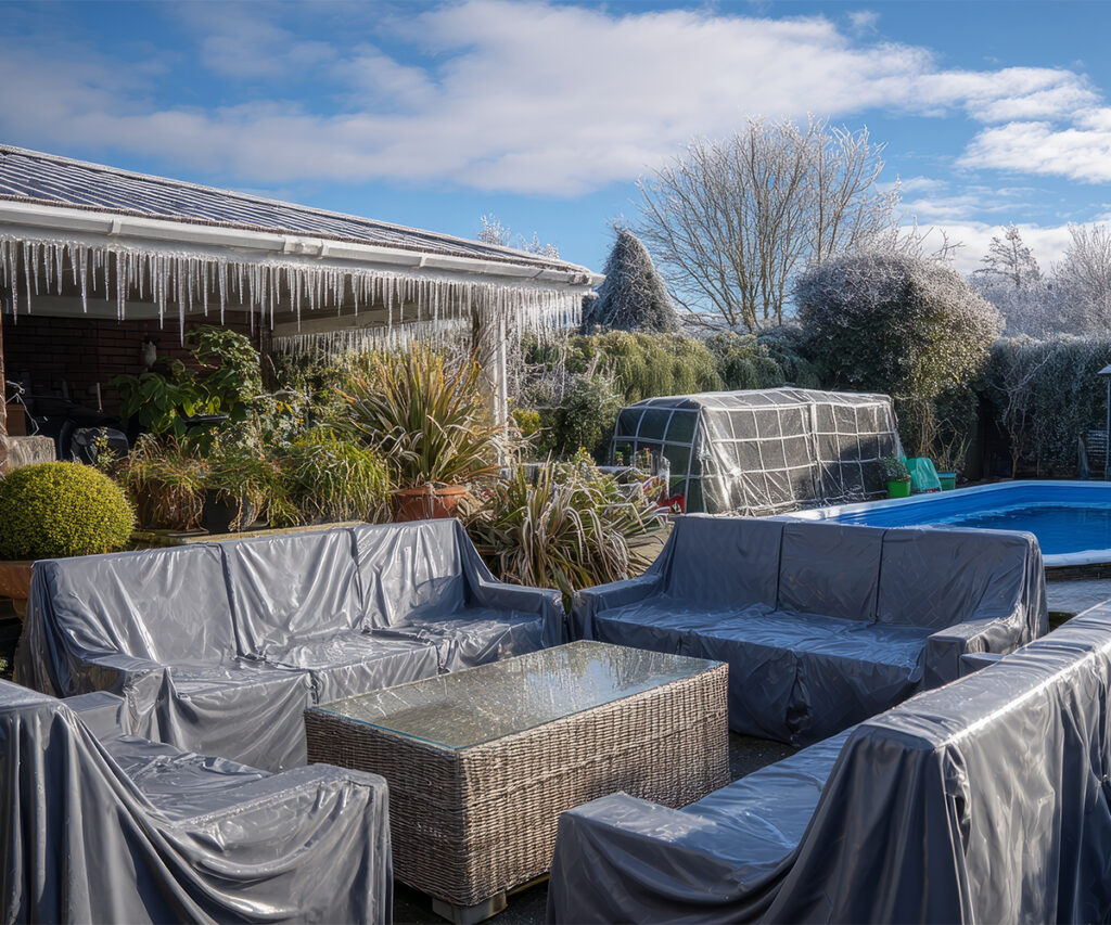 Covered patio seating by pool, deciding cover vs store outdoor furniture for winter.