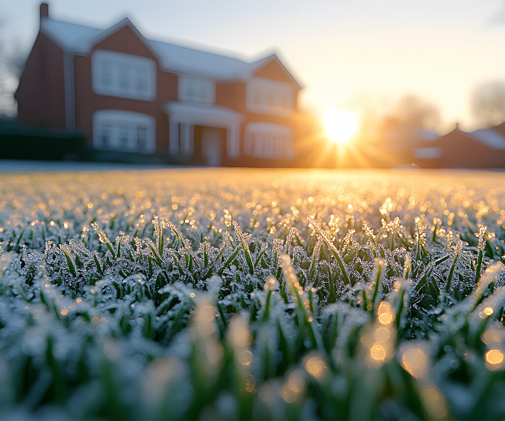 First frost on lawn signals outdoor furniture for winter prep.